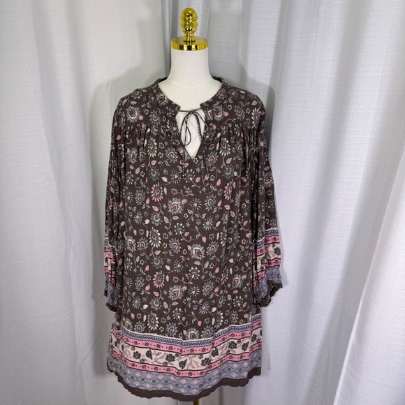 NATURAL LIFE Dresses & Skirts - Natural Life Floral Paisley Boho Mini Dress Womens Large Brown Rayon Tie Neck